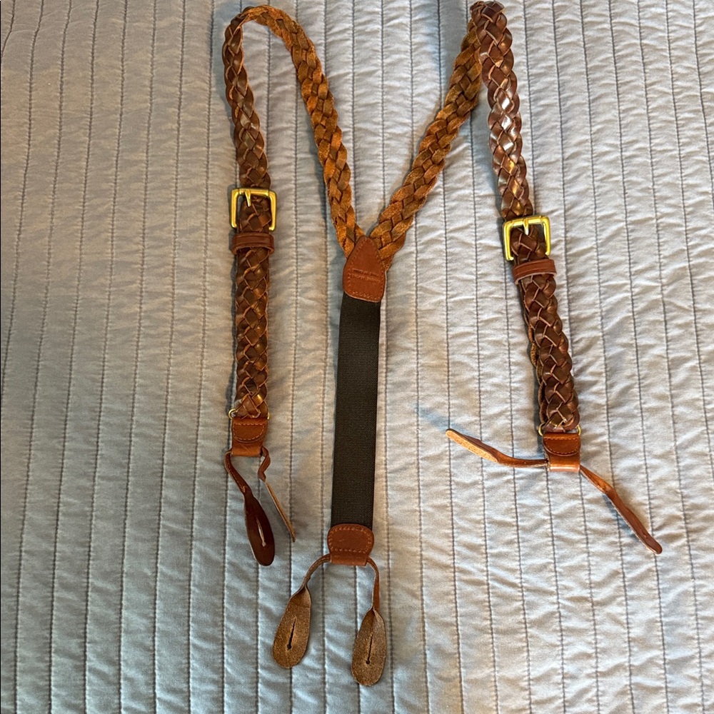 Braided Leather Men's Suspenders with gold buckles